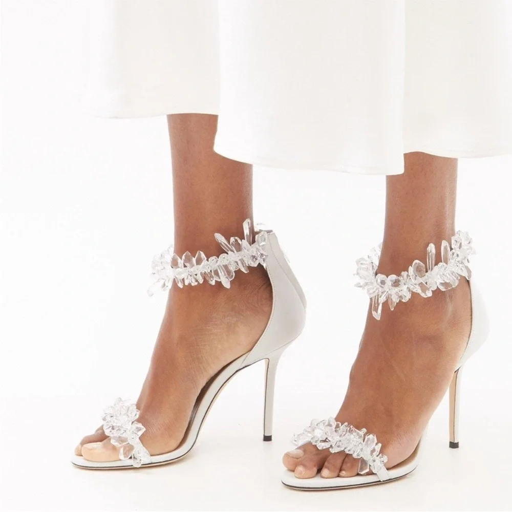 New Jimmy Choo White Maisel 100 Crystal Embellished Leather Sandals 38